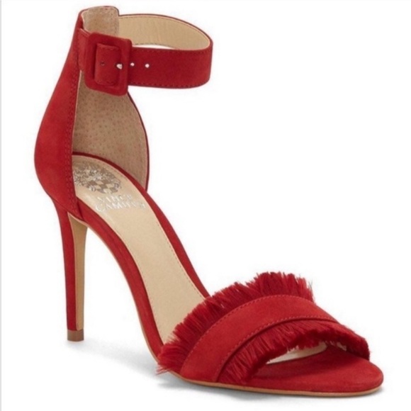 Vince Camuto Shoes - Vince Camuto Red Joshina Fringed Buckle Open Toe High Heels